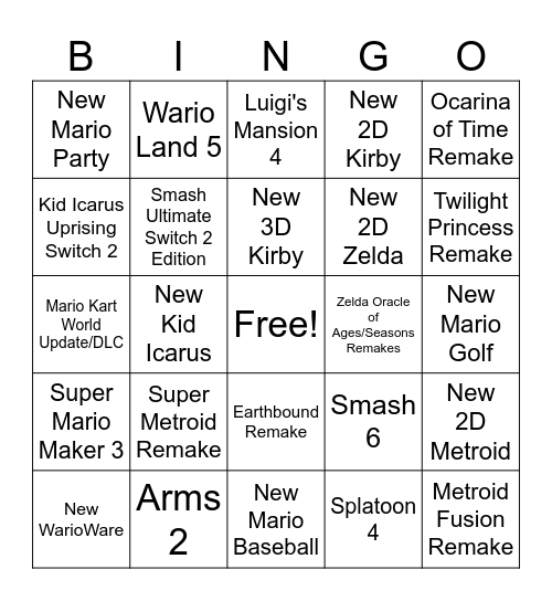 Nintendo Direct Bingo Card