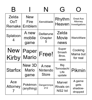 June 2026 Nintendo Direct Bingo Card
