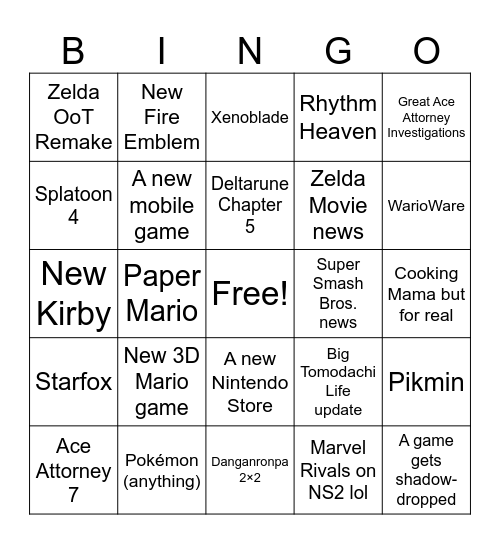 June 2026 Nintendo Direct Bingo Card