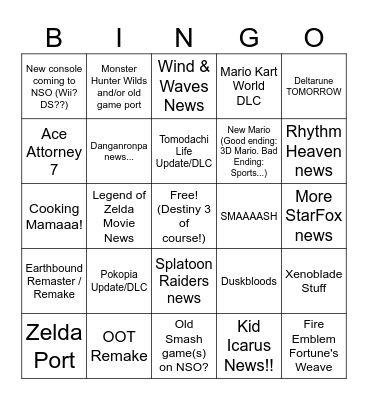 Nintendo Direct on 6/9!! (<--- LOL FUNNY NUMBER) Bingo Card