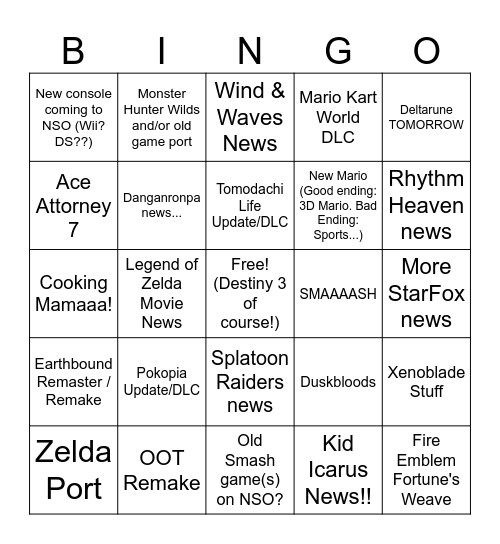 Nintendo Direct on 6/9!! (<--- LOL FUNNY NUMBER) Bingo Card