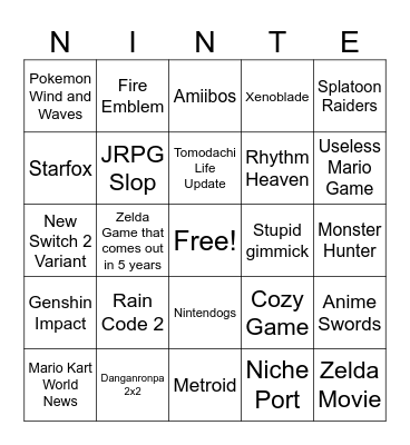 Nintendo Direct Bingo Card