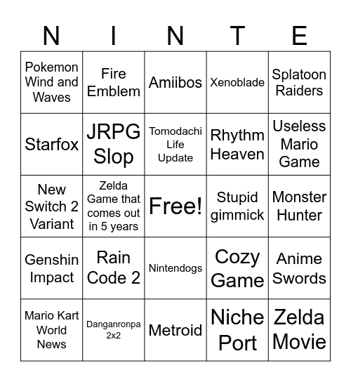 Nintendo Direct Bingo Card