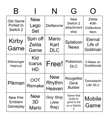 Nintendo Direct 2026 Bingo Card