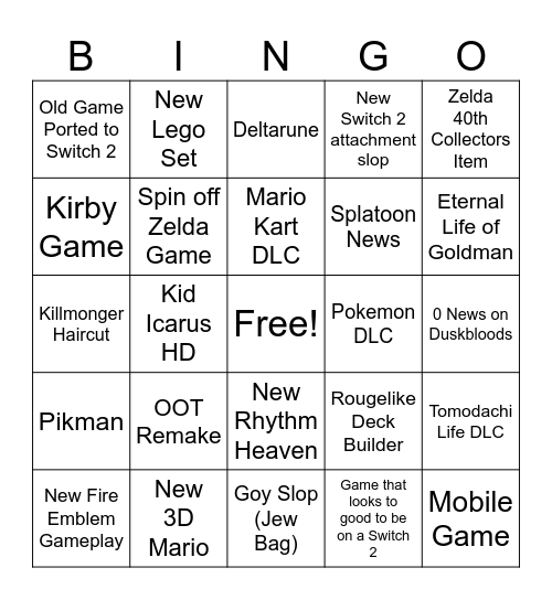 Nintendo Direct 2026 Bingo Card