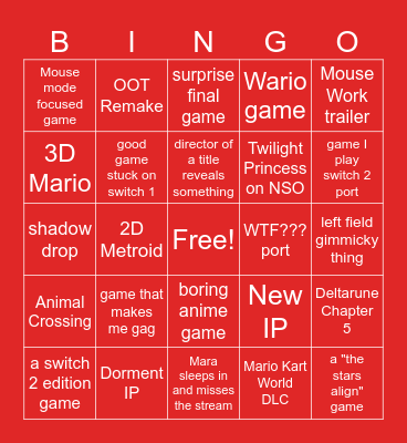 Nintendo Direct 6/9/2026 Bingo Card