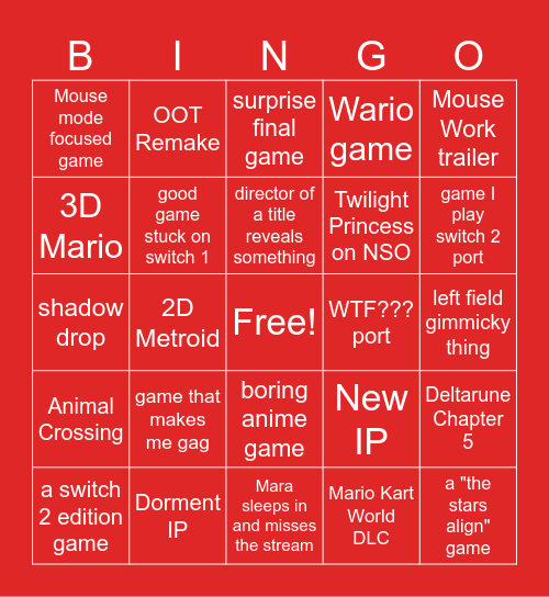 Nintendo Direct 6/9/2026 Bingo Card