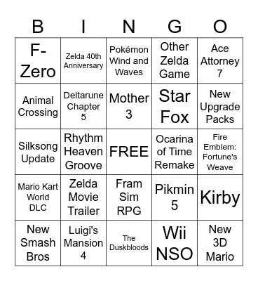 Nintendo Direct 9.6.26 Bingo Card
