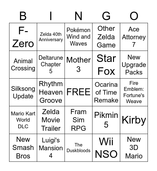 Nintendo Direct 9.6.26 Bingo Card