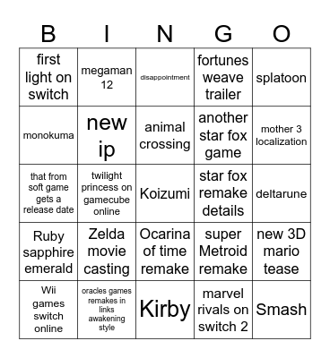 Nintendo direct June2026 Bingo Card