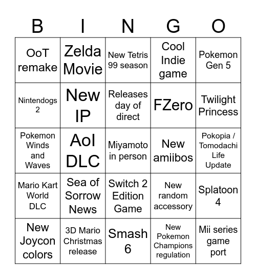 Nintendo Direct 6.9.2026 Bingo Card