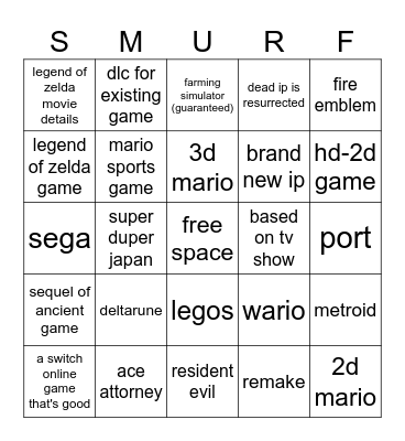 Nintendo Direct 6/9/26 Bingo Card