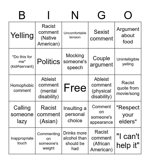 Uncalled For Family Edition Bingo Card