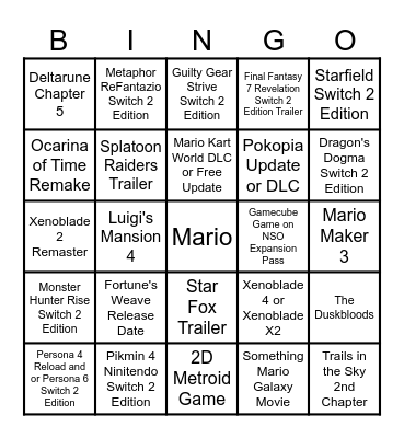 Nintendo Direct 6.9.2026 Bingo Card