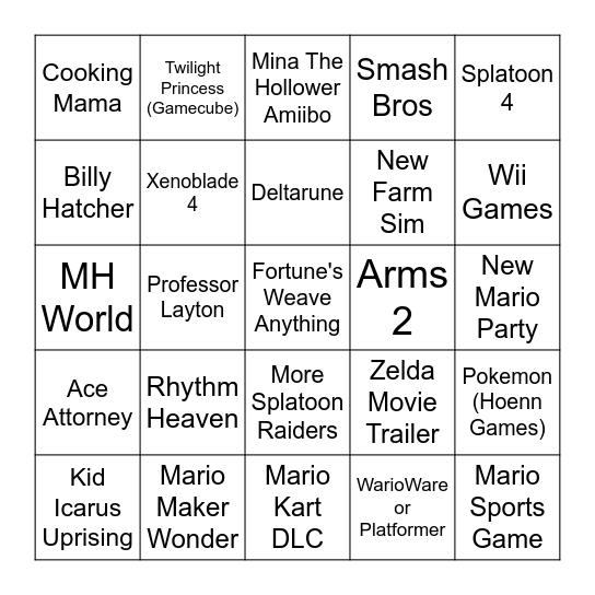 Nintendo Direct Bingo Card