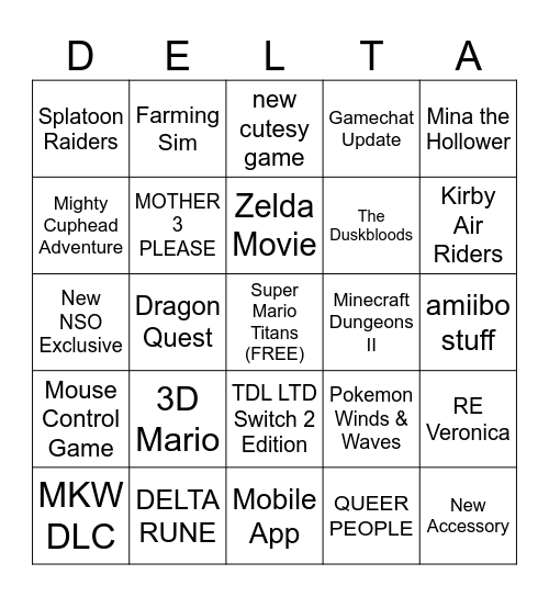 Nintendo Direct Bingo Card