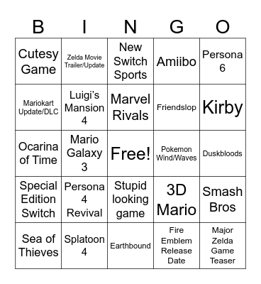 Nintendo Direct 6/9/26 Bingo Card