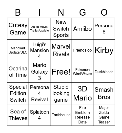 Nintendo Direct 6/9/26 Bingo Card