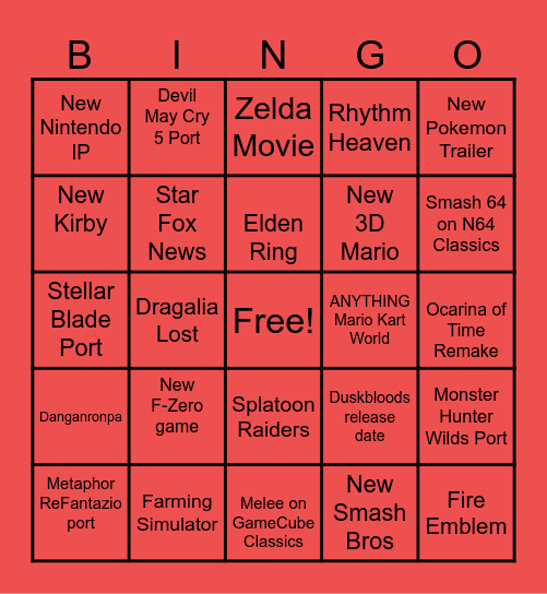 Nintendo Direct Bingo Card