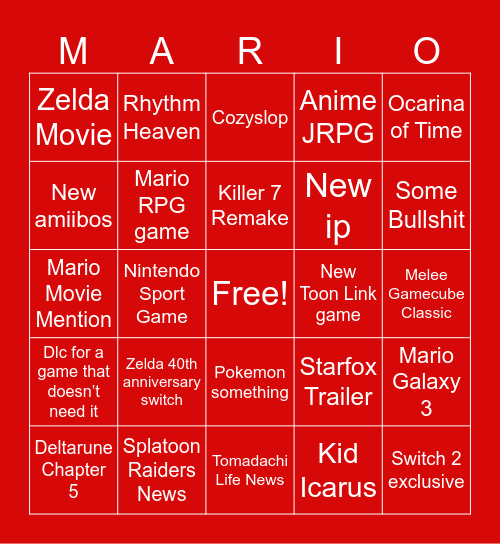 Nintendo Direct 6/9 Bingo Card