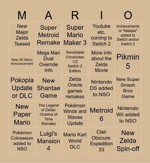 Nintendo Direct June 2026 Bingo Card