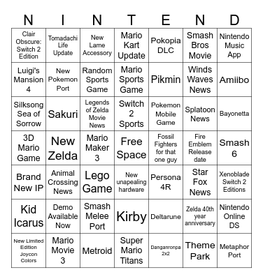 Nintendo Direct 6.9 Bingo Card