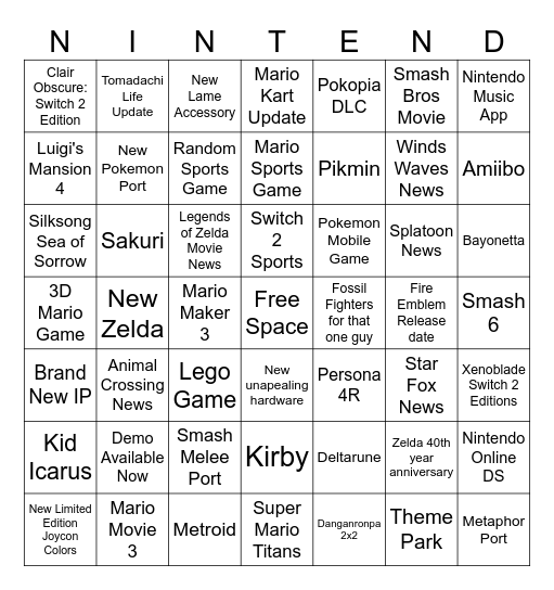 Nintendo Direct 6.9 Bingo Card