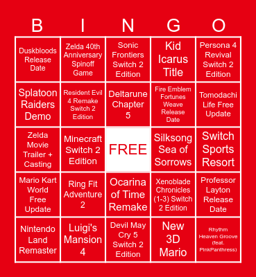 Nintendo Direct Predictions 6.9.26 Bingo Card