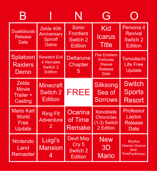 Nintendo Direct Predictions 6.9.26 Bingo Card