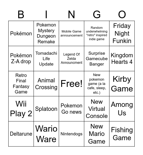 Nintendingo Bingo Card