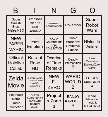 EPIC AND SERIOUS NINTENO DIRECT PREDICTIONS Bingo Card