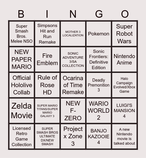 EPIC AND SERIOUS NINTENO DIRECT PREDICTIONS Bingo Card