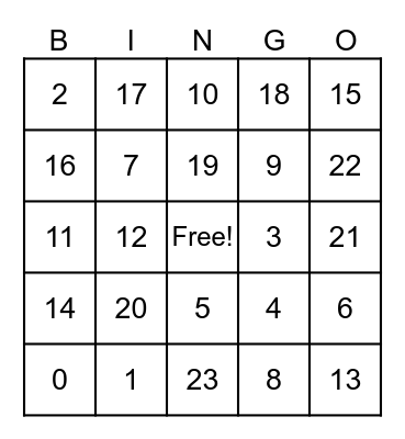 Addition 1-23 Bingo Card