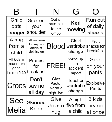 Early Childhood Bingo Card