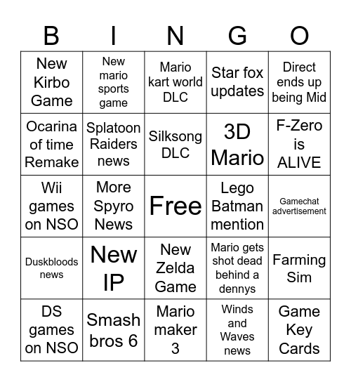 Nintendo Direct Bingo Card