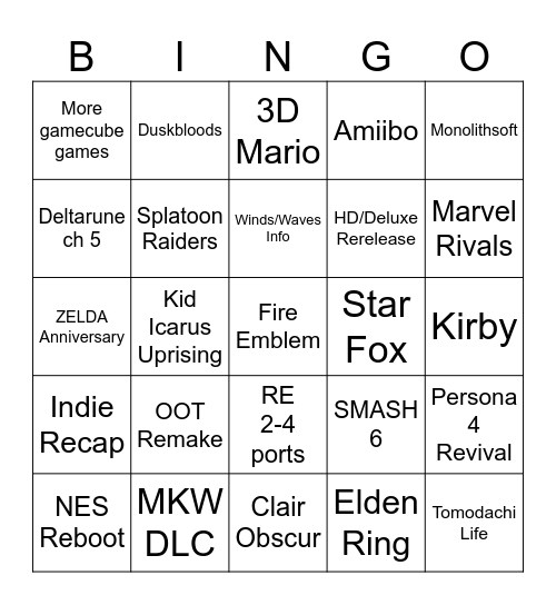 6/9 Nintendo Direct Bingo Card