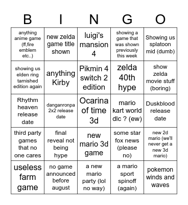 Nintendo Direct 2026 hate Bingo Card