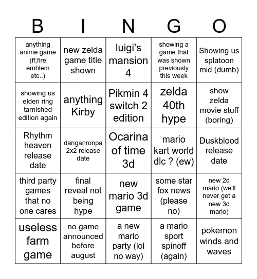 Nintendo Direct 2026 hate Bingo Card