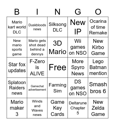 Nintendo Direct Bingo Card