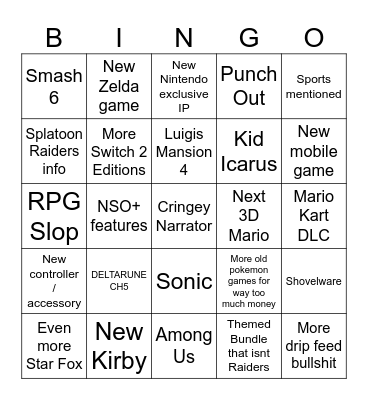 Nintendo Direct 5/9 Bingo Card