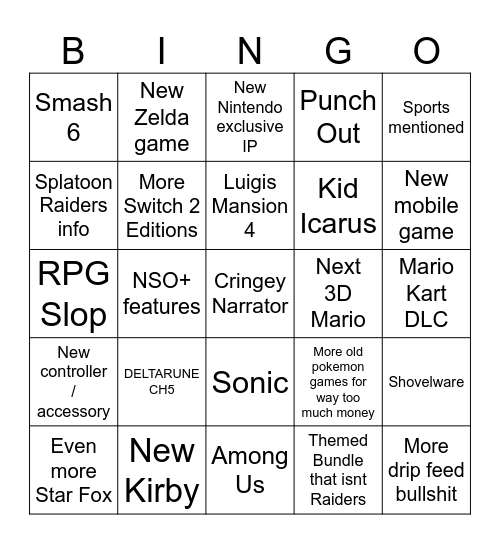 Nintendo Direct 5/9 Bingo Card