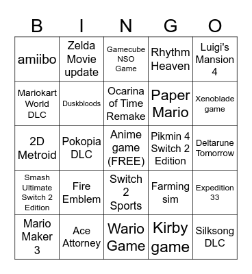 Nintendo Direct June 2026 Bingo Card