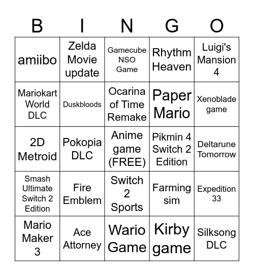 Nintendo Direct June 2026 Bingo Card