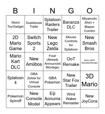 Nintendo Direct Bingo Card