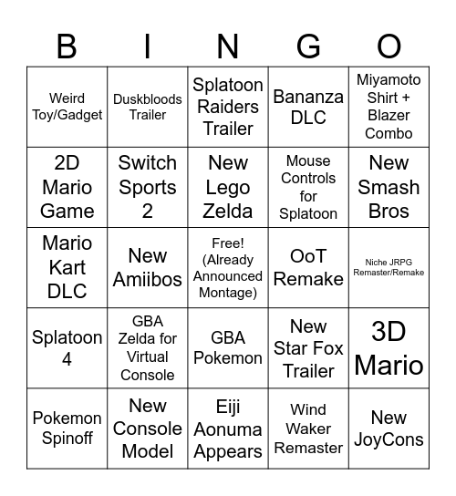 Nintendo Direct Bingo Card