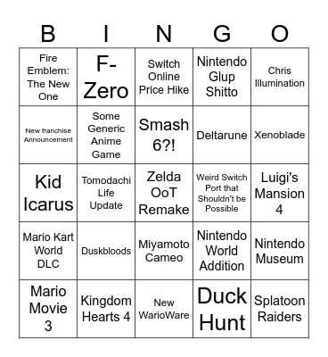 Nintendo Direct 6/9 Bingo Card