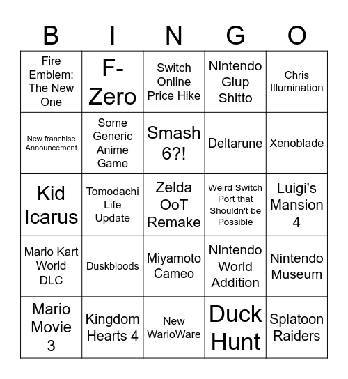 Nintendo Direct 6/9 Bingo Card