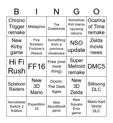 Nintendo Direct 6/9/26 Bingo Card