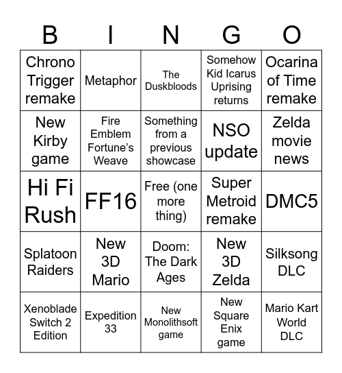 Nintendo Direct 6/9/26 Bingo Card