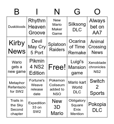 Nintendo Direct June 2026 Bingo Card
